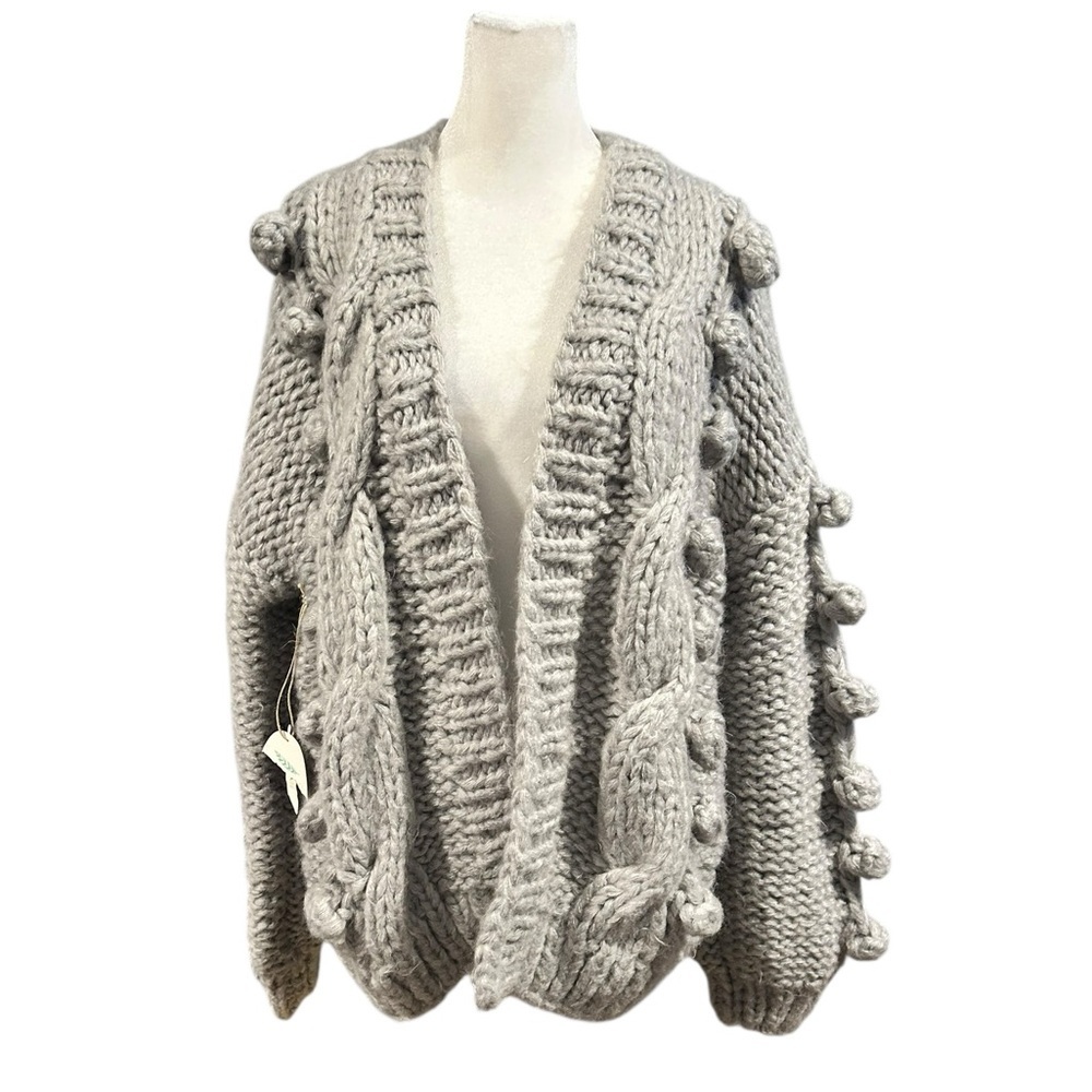 HUMMINGBIRD Gray Open Sweater Pom Pom Chunky Knit Cardigan One Size Oversized - Picture 2 of 7